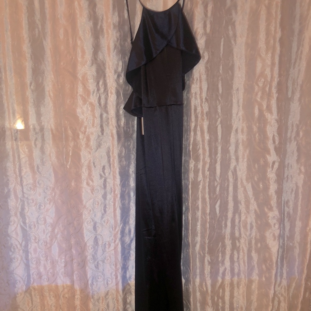 Double Ruffle Navy Blue Halter Neck Gown - Picture 3 of 4